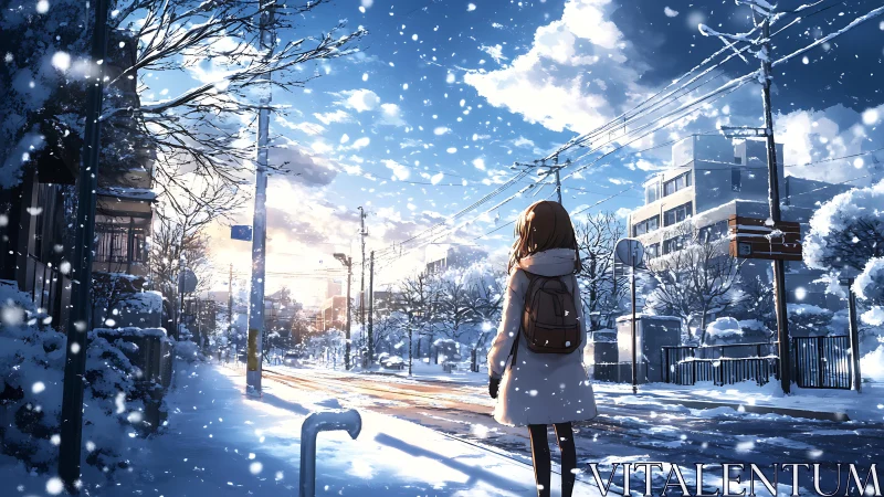 Solitary figure on snowy urban street under bright sky.