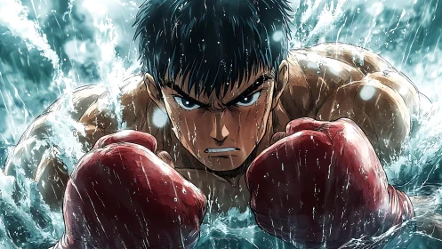 Determined boxer surging through splashing waves with heart.