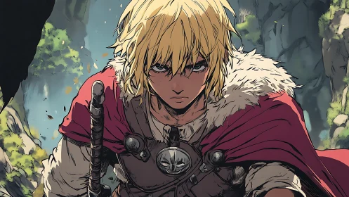 Blond warrior in red cloak stares forward in rocky valley