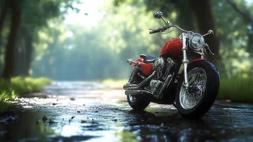 Red roadster motorcycle resting on a sunlit forest lane.