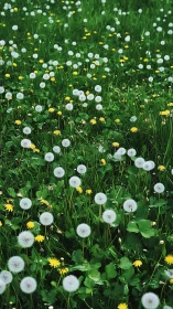 Dandelion meadow with bloomed white seedheads and yellow flowers.