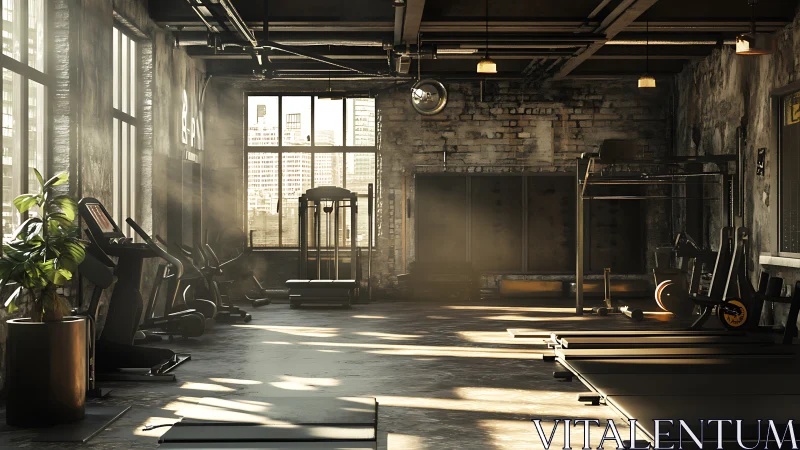 Sunlit industrial gym interior with treadmills and weights.