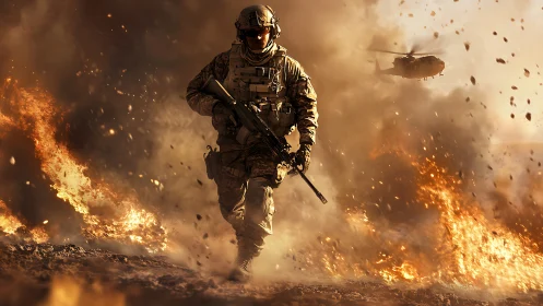Armed soldier advancing through explosion and fire clouds.