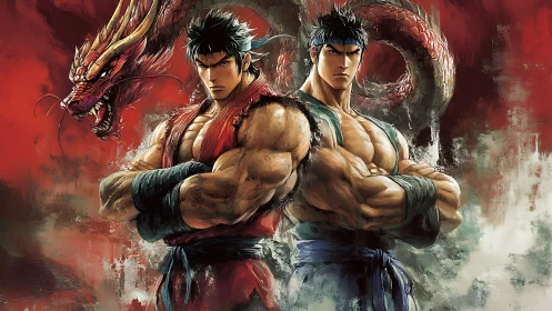 Twin warriors lock arms as crimson dragons coil behind