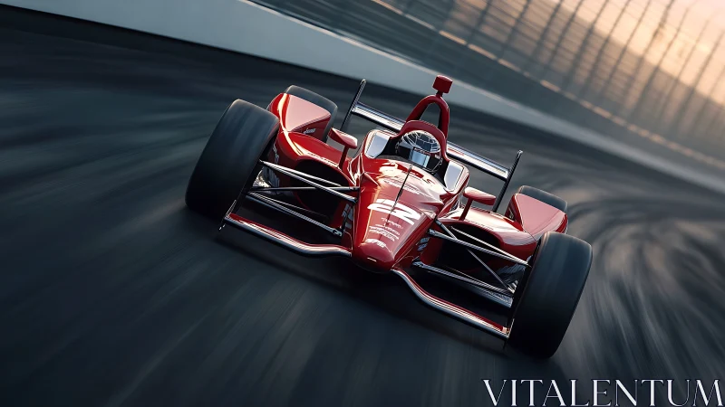 Red open-wheel race car speeds along steep banked track.