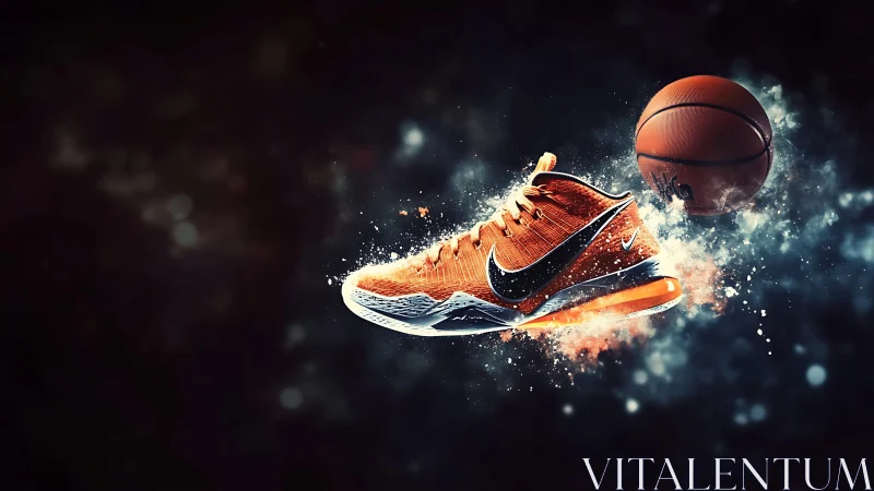 Orange basketball shoe and ball rendered with dynamic effects