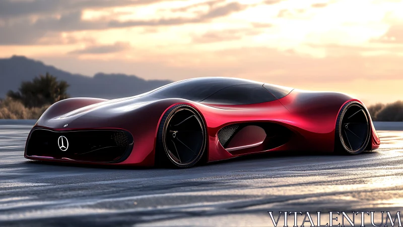 Low-slung red electric hypercar concept on reflective desert salt flat