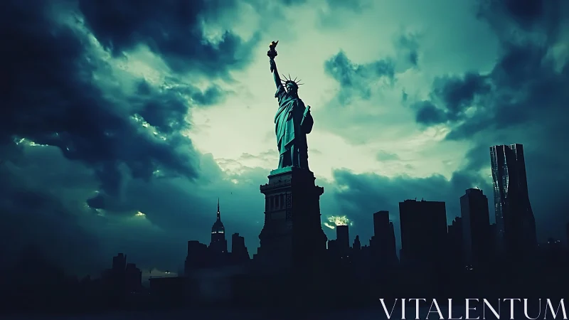 Backlit Statue of Liberty silhouetted against storm-laden cyan sky