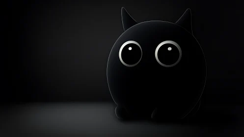 Minimalist black cat orb with glossy eyes in darkness.