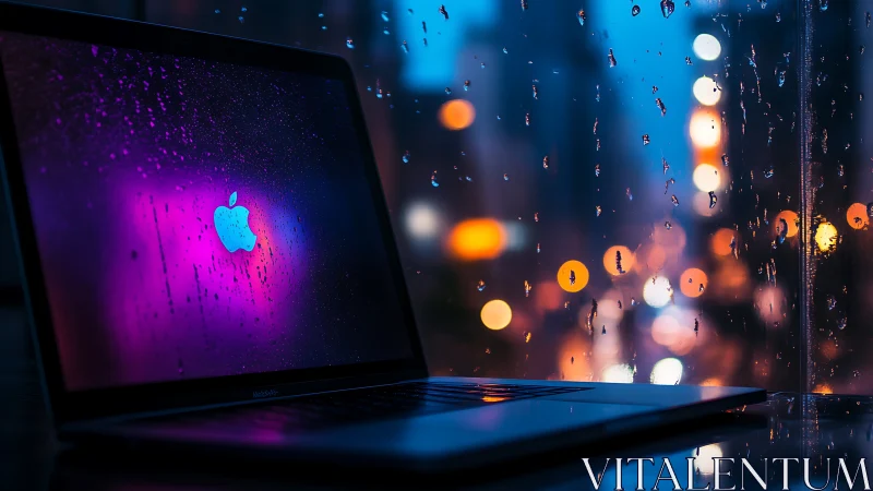 Neon city laptop dreaming against a rain kissed windowpane.