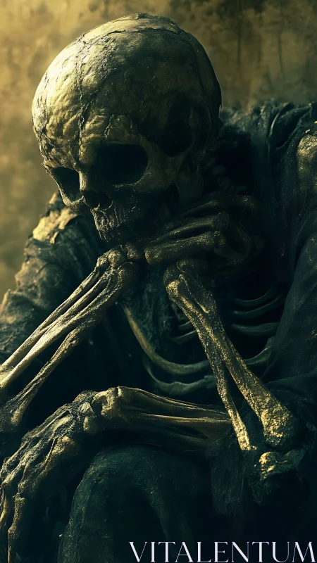 Pensive golden skeleton sits in decayed, moody light