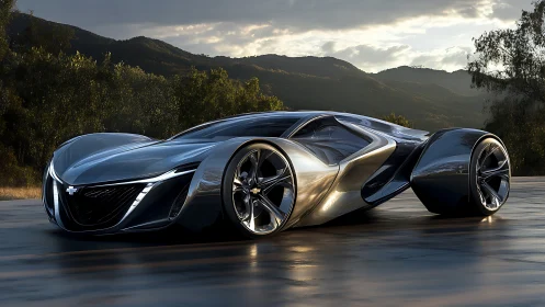 Futuristic silver concept car glowing in soft evening light.