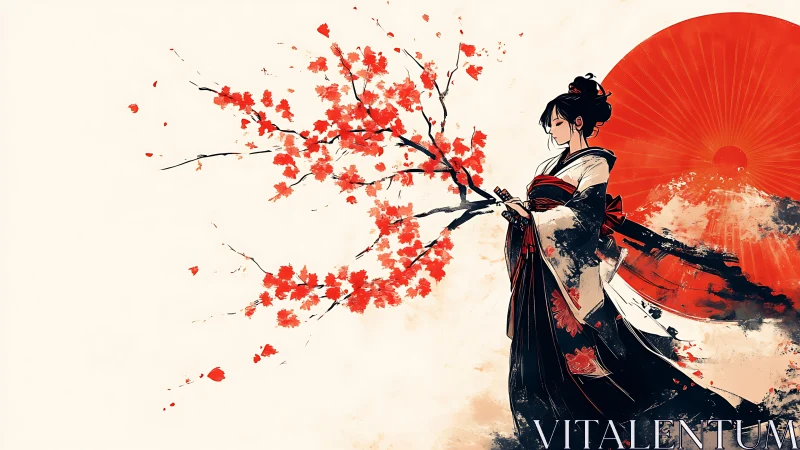 Kinetic kimono silhouette with vermilion sun and maple drift.