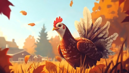 Rooster's Golden Hour Strut Through Autumn Fields.
