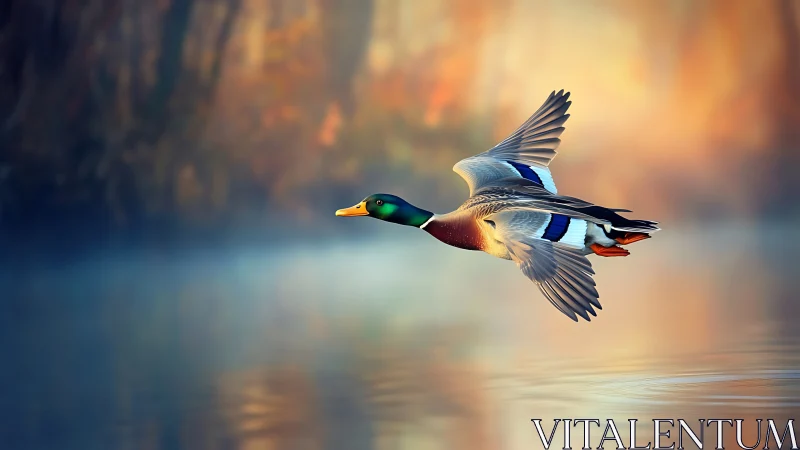 Mallard Duck in Flight Over Misty Lake at Sunrise, Photorealistic.