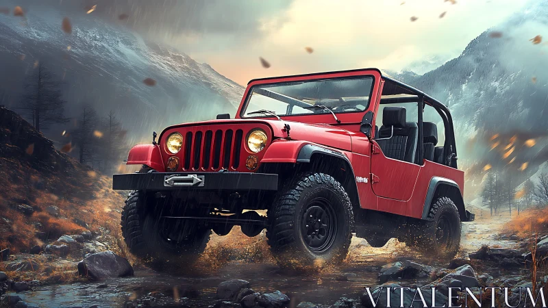 Red off-road jeep powers through stormy mountain pass.