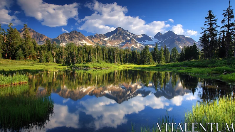 Alpine lake reflection with conifer forest and snowcapped peaks.