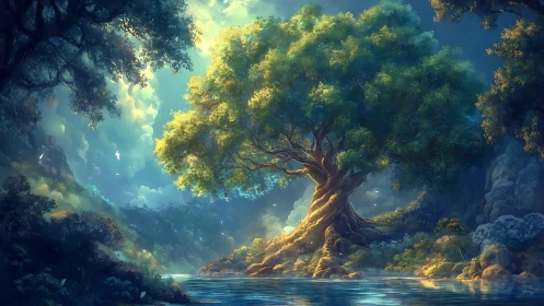 Luminous fantasy tree above tranquil forest river at dawn.