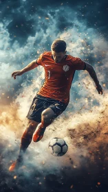 Dynamic soccer player striking ball in fiery cloudy scene.
