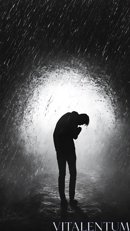 Silhouette stands alone in downpour against harsh backlight.