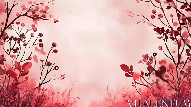 Symmetrical crimson botanicals framing soft atmospheric void.