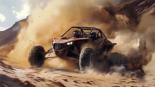 Off-road dune buggy charges through desert dust storm.