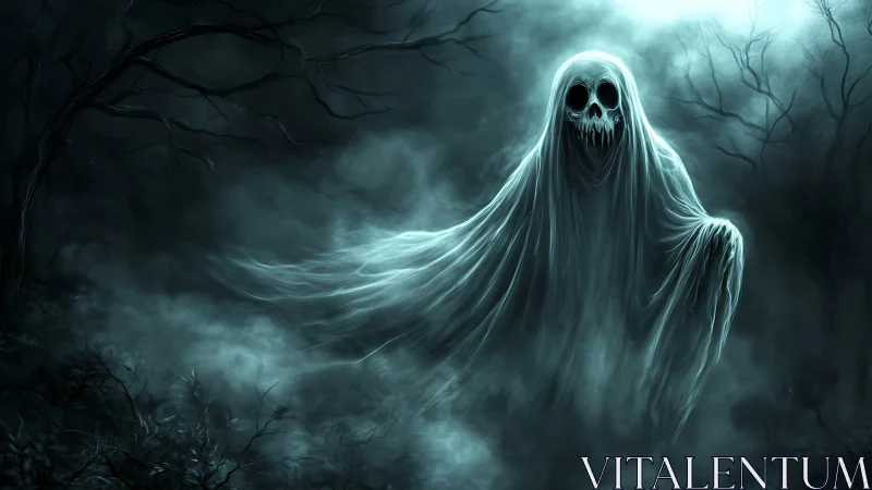 Spectral wraith glides through fog-choked haunted forest
