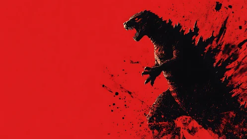Monochrome kaiju silhouette erupts from splattered red field