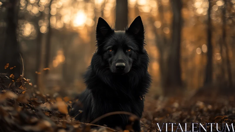 Photorealistic portrait of black dog in autumn forest bokeh.
