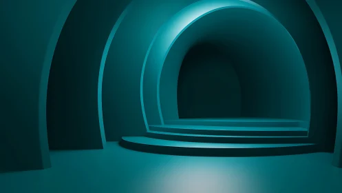 Midnight teal passage of curved steps and echoing arches.