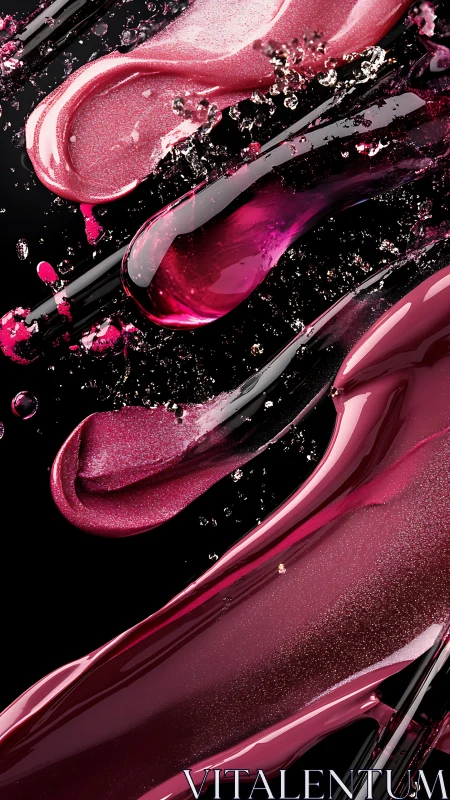 Layered cosmetic liquid streaks on black reflective surface.