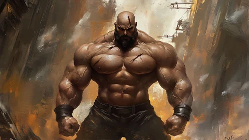 Hyper-muscular warrior dominates ruinous urban battlefield