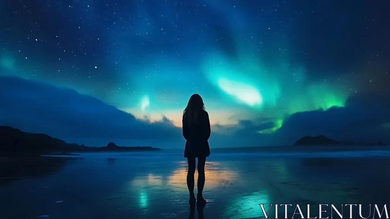 Silhouette stands on wet shoreline under vivid aurora sky