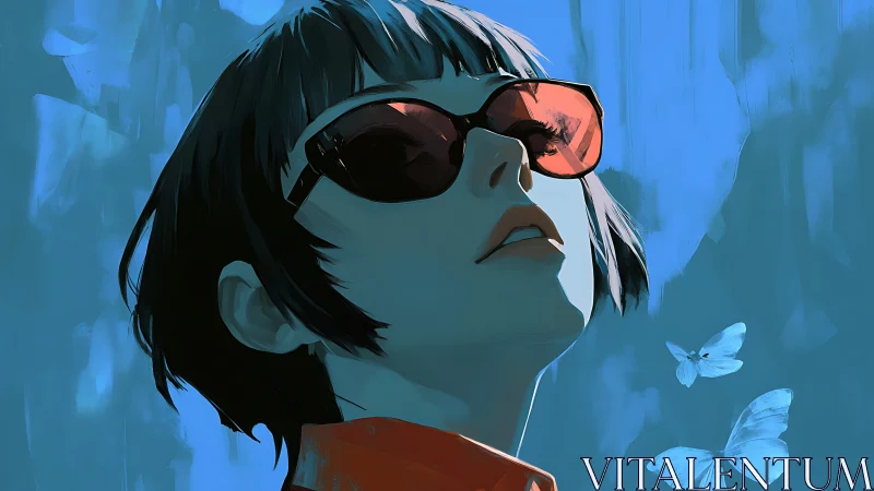 Stylized portrait of woman in red sunglasses against cyan field