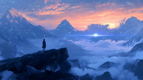 Solitary observer over blue alpine clouds at radiant dawn