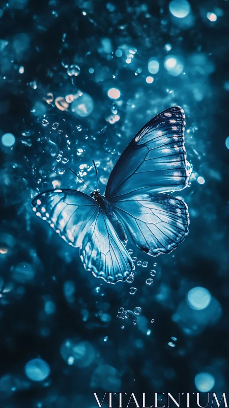 Blue butterfly wings lit against sparkling bokeh field.