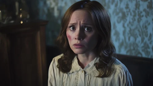 Worried young woman sits in lamplit room, shadows listening