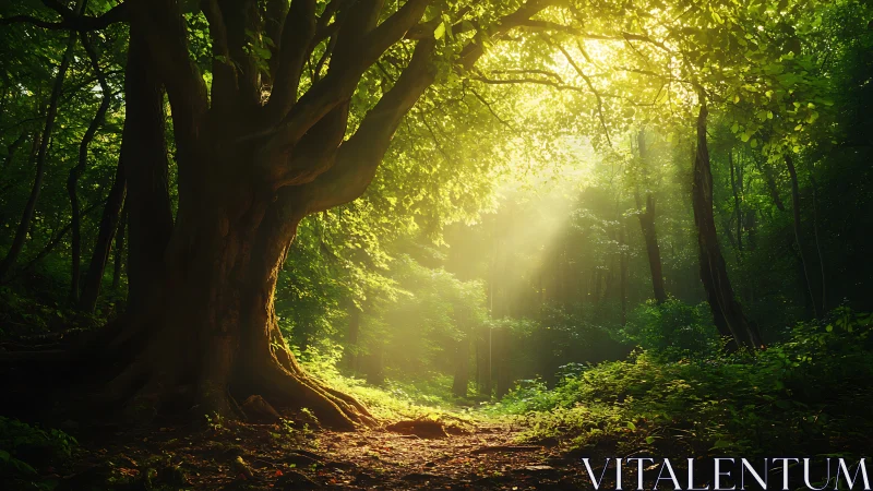 Sunlit Forest Path: Nature's Golden Embrace.
