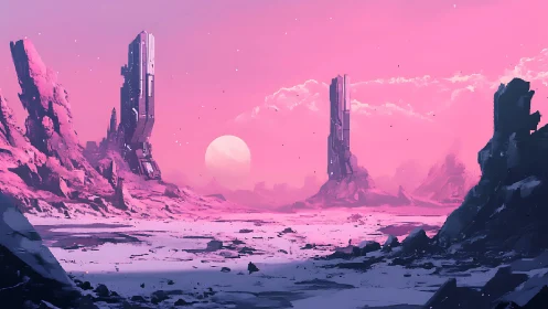 Futuristic monoliths rise over a serene pink alien desert