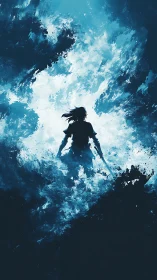 Lone warrior silhouette stands against crashing blue energy