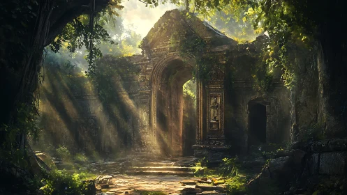 Sunlit stone gateway in overgrown forest ruin at dawn.