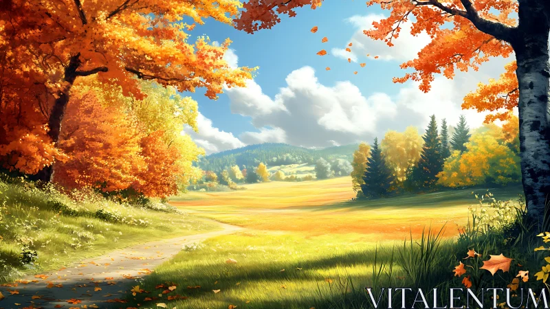 Golden autumn valley under clear sky with winding path