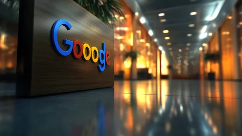 Corporate lobby sign displays multicolored Google text