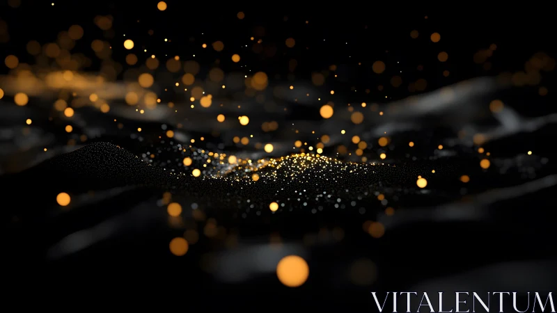 Abstract glowing gold particles over dark waves, digital art style.