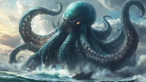 Giant sea monster towers over stormy ocean sailing ships.