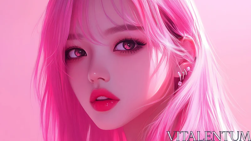 Pink haired digital portrait shows closeup stylized face