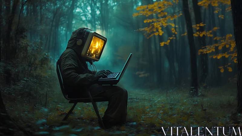 Figure with monitor head using laptop in misty forest.