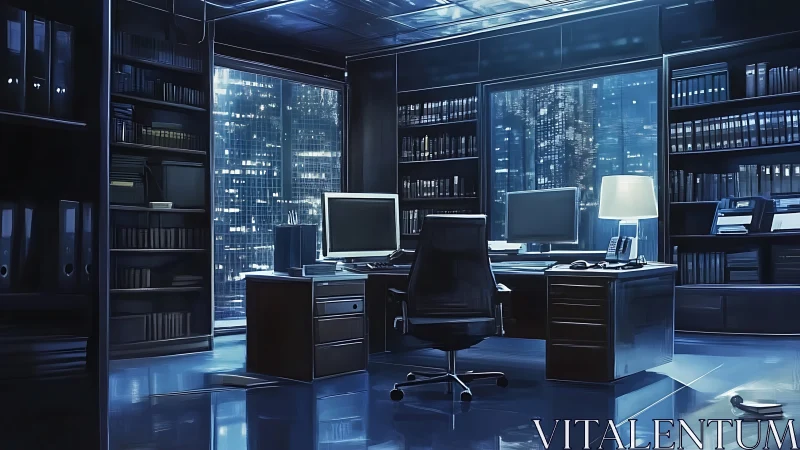 Sleek midnight office with dual desks and city skyline.