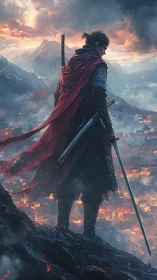 Lone warrior in red cape overlooking burning valley city.