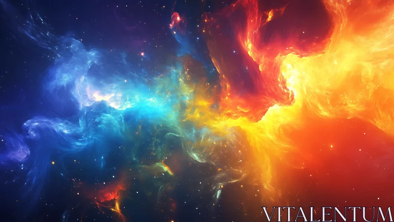 Cosmic nebula clash in radiant rainbow starfield panorama.